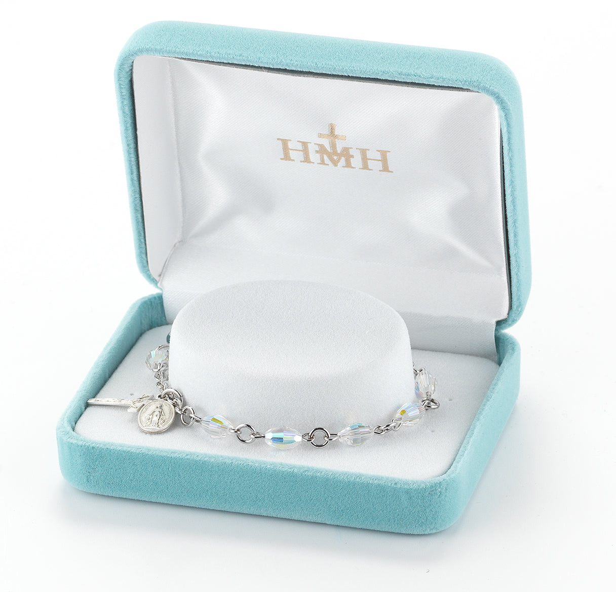 Sterling Silver Rosary Bracelet Created with 7mm x 5mm Aurora Borealis Finest Austrian Crystal Oval Beads by HMH