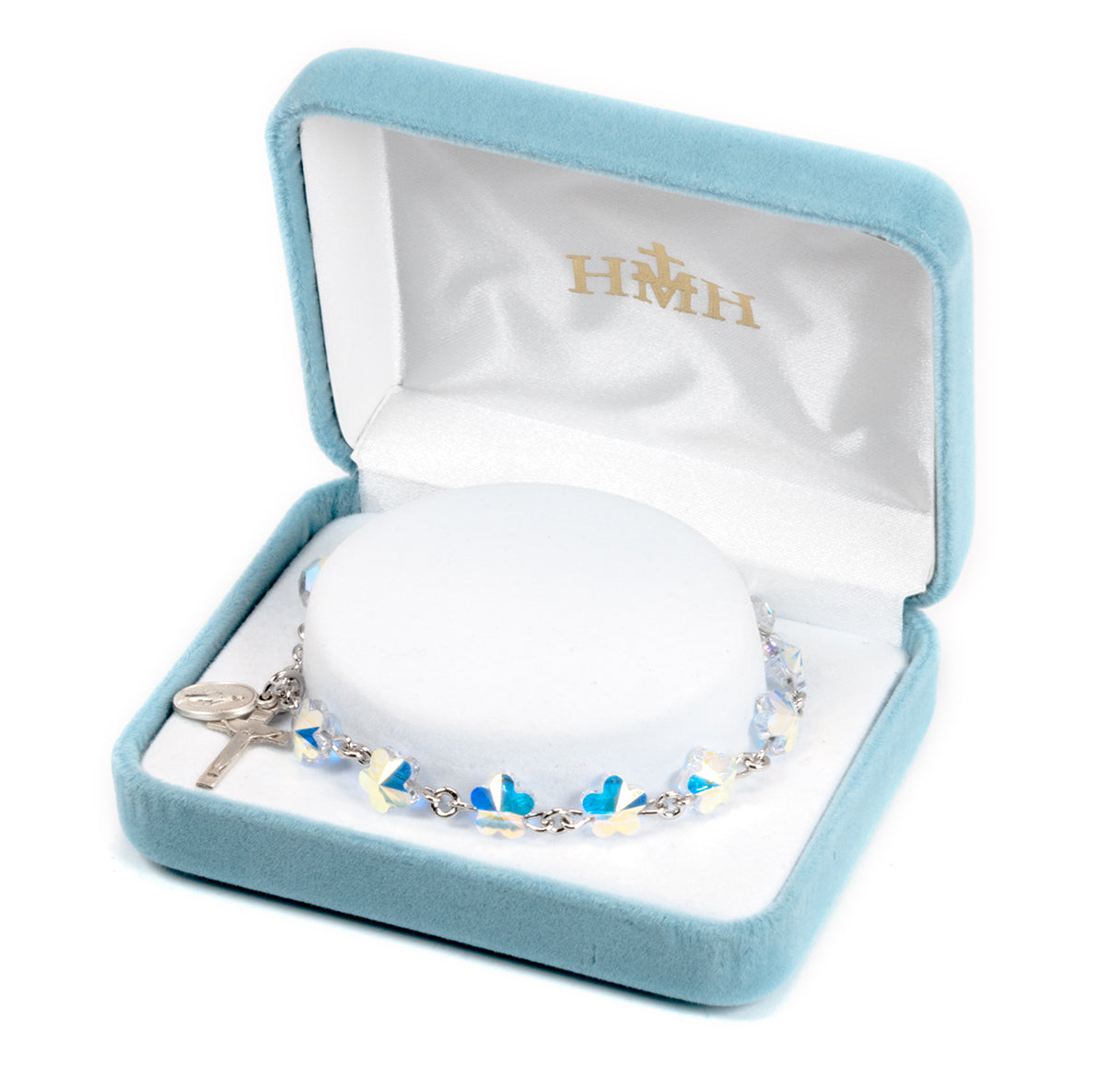 Sterling Silver Rosary Bracelet Created with 8mm Finest Austrian Crystal Flower Shape Beads by HMH