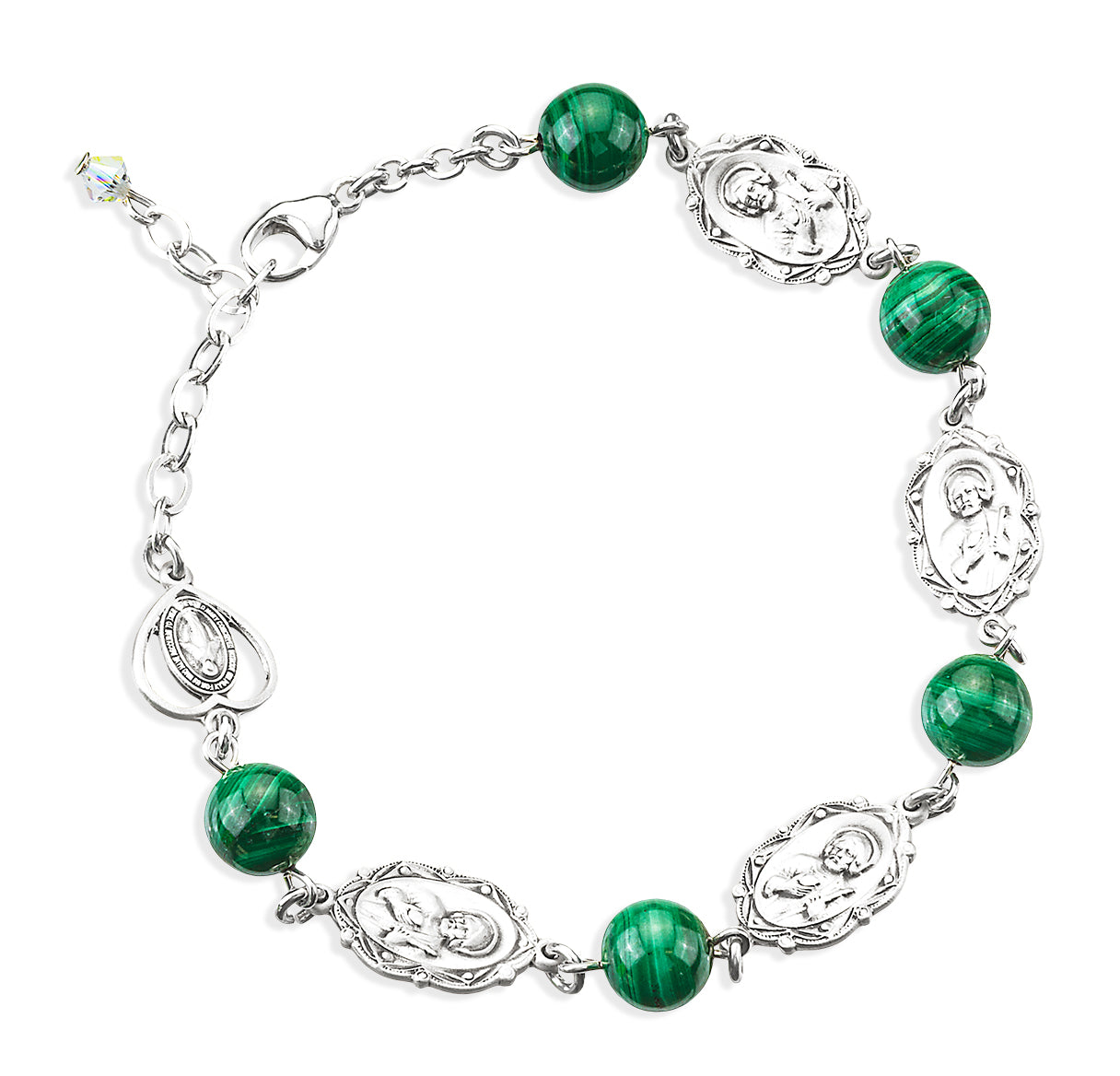 Malachite Round Saint Jude Sterling Silver Rosary Bracelet