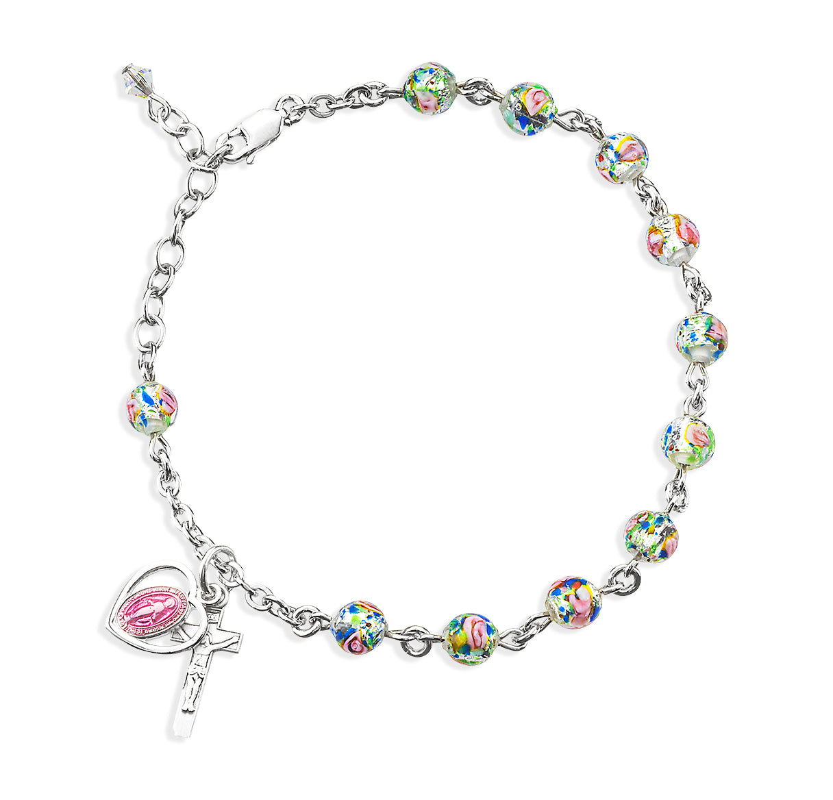 Rose Embedded Round Murano Glass Sterling Silver Rosary Bracelet | .925 Silver