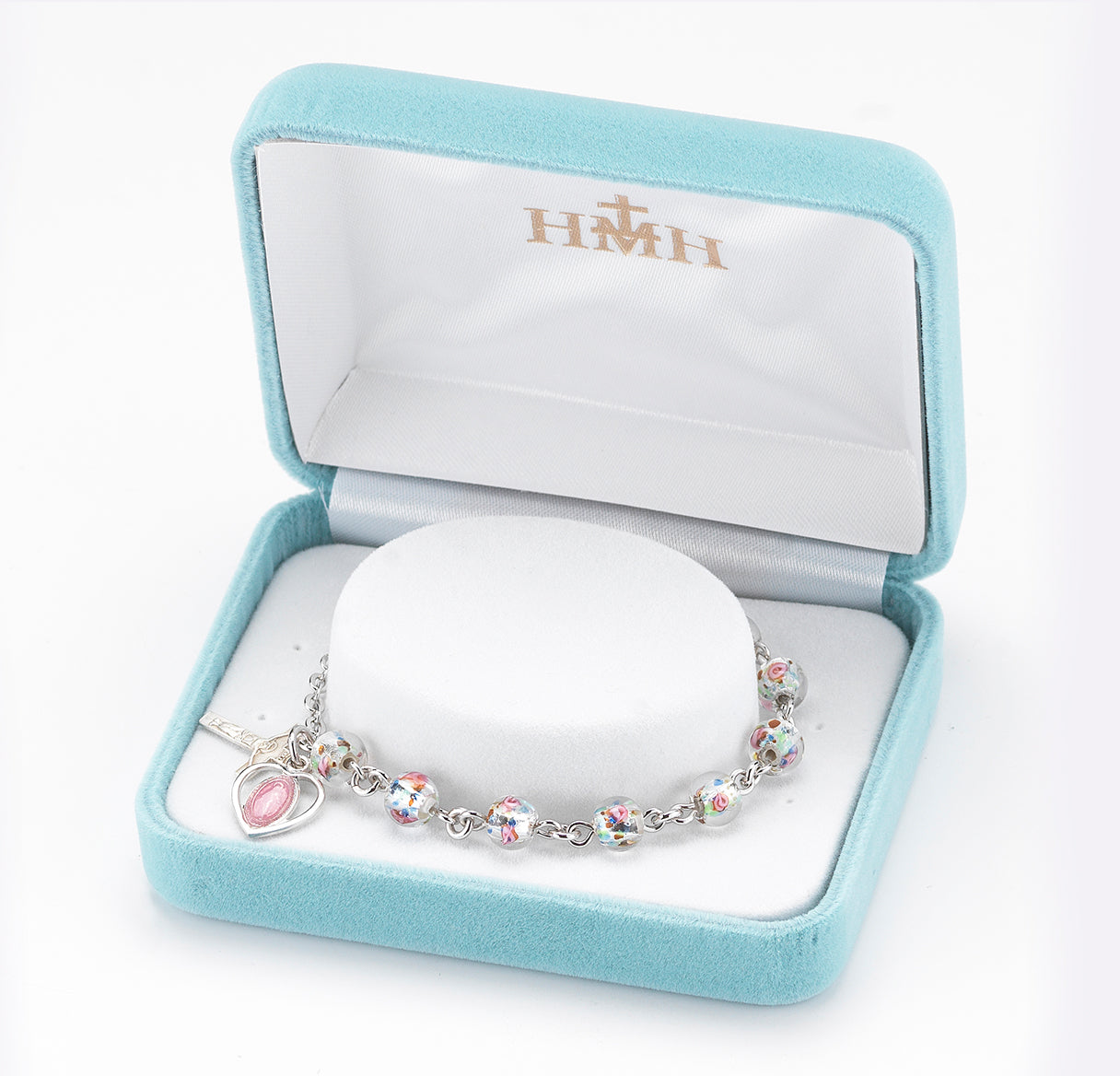 Rose Embedded Round Murano Glass Sterling Silver Rosary Bracelet | .925 Silver