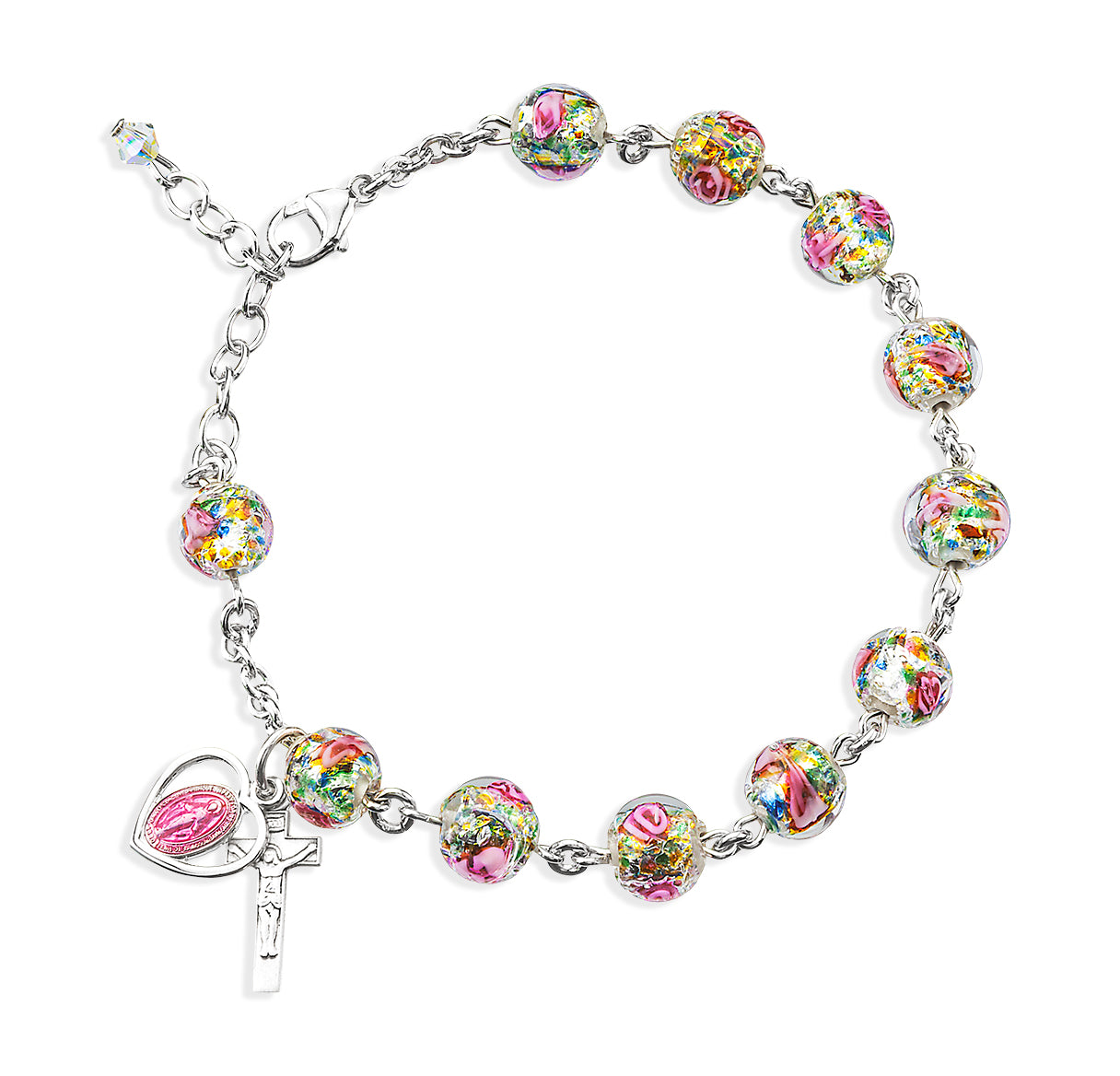 Rose Embedded Round Murano Glass Sterling Silver Rosary Bracelet