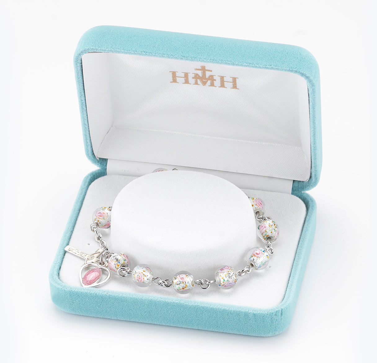 Rose Embedded Round Murano Glass Sterling Silver Rosary Bracelet