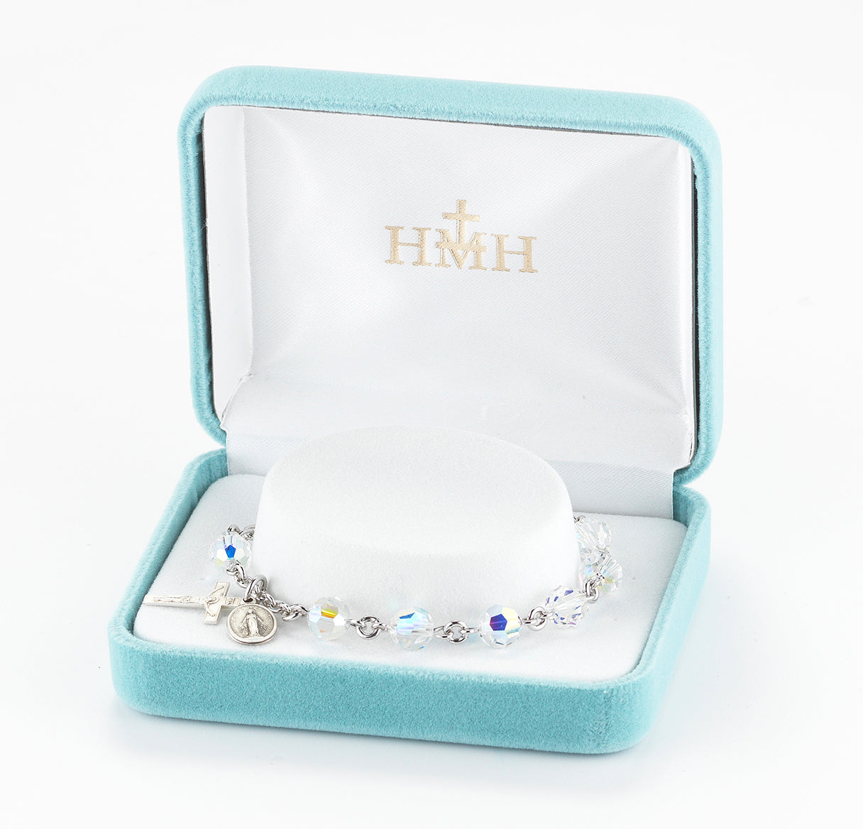 Sterling Silver Rosary Bracelet Created with 7mm Aurora Borealis Finest Austrian Crystal Round Beads by HMH