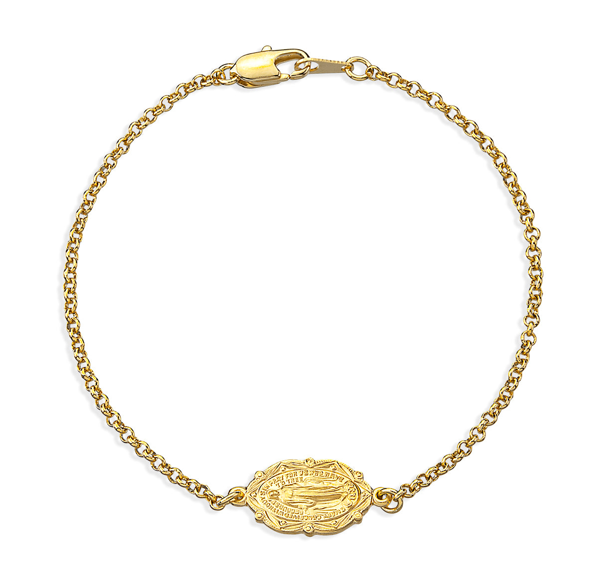 Gold Over Sterling Silver Miraculous Medal with Gold Plated Rolo Chain Bracelet