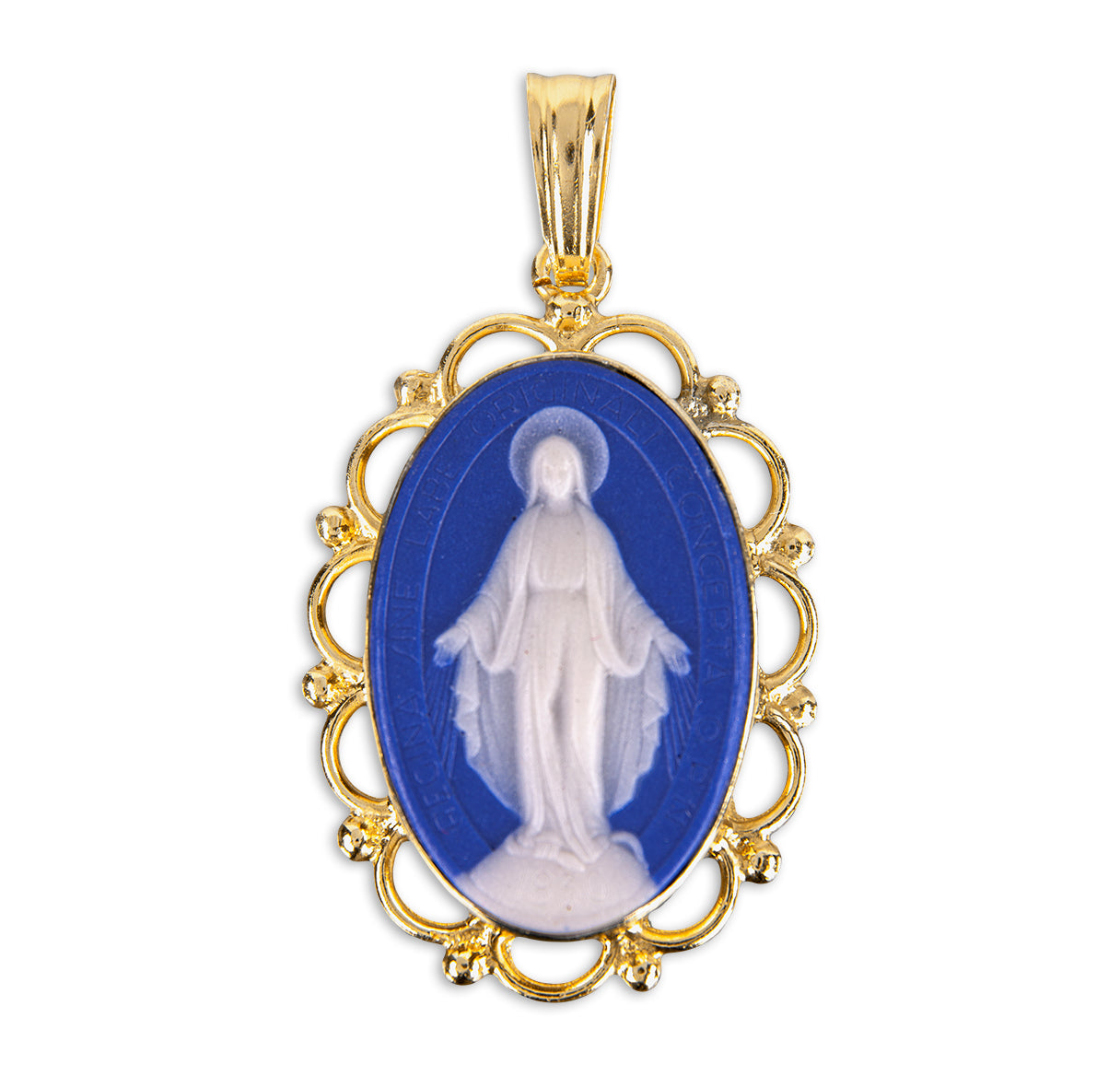 Dark Blue Gold Over Sterling Silver Cameo Miraculous Medal