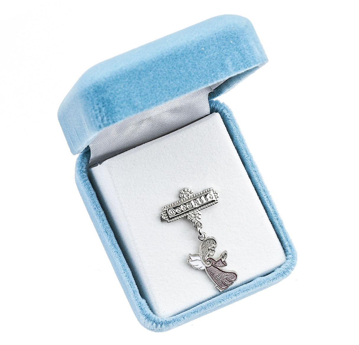 Guardian Angel Pink Enameled Sterling Silver Medal on a Godchild Bar Pin