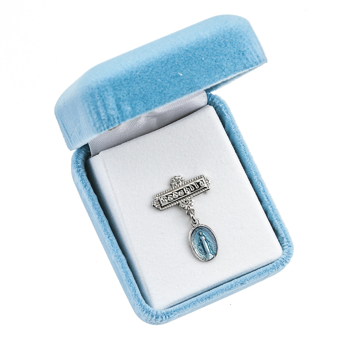 Blue Enameled Oval Sterling Silver Baby Miraculous Baby Medal on a Godchild Bar Pin