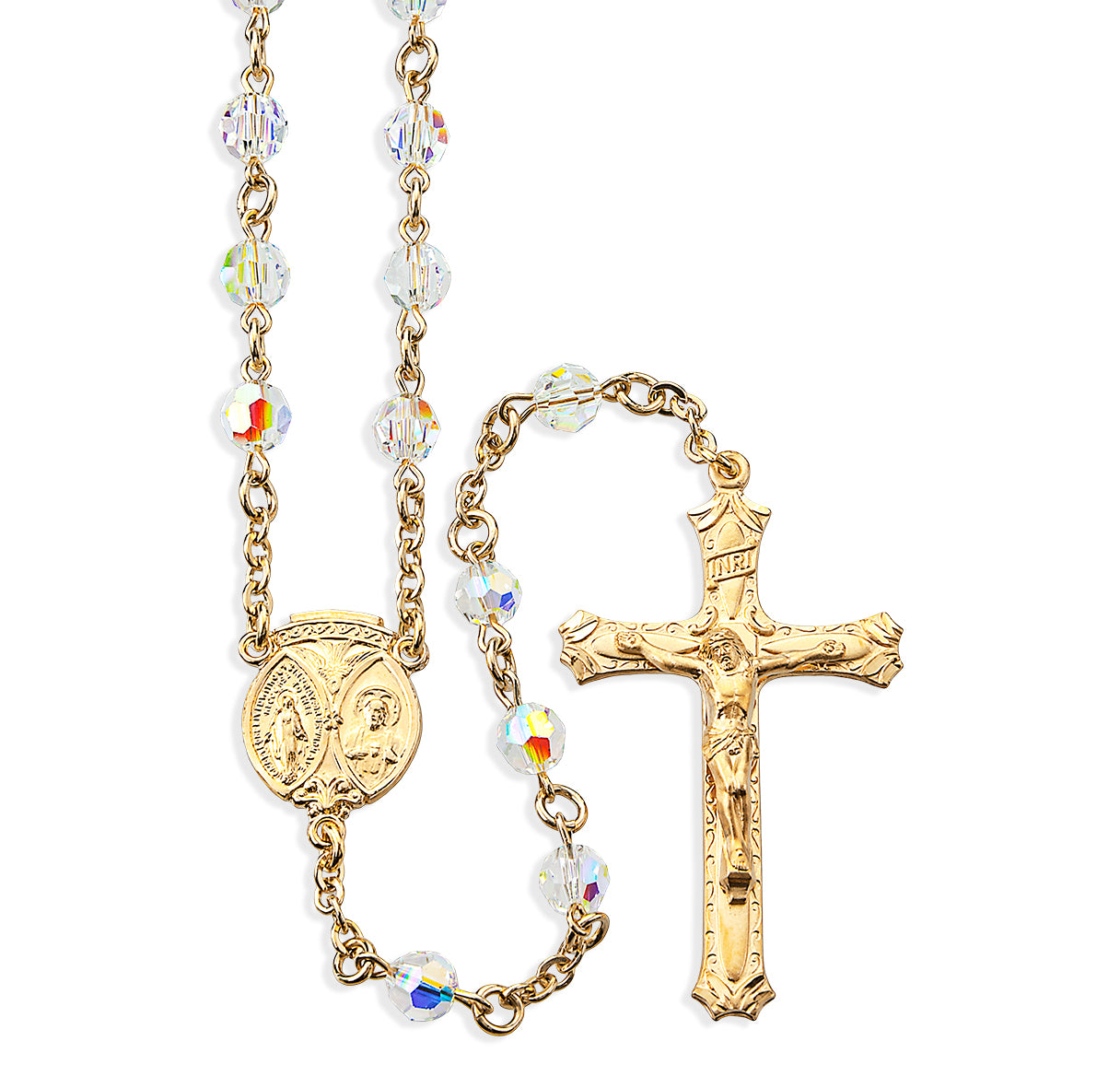 6mm Finest Aurora Crystal Gold Plated Round Beads with Gold Over Sterling Crucifix and Center