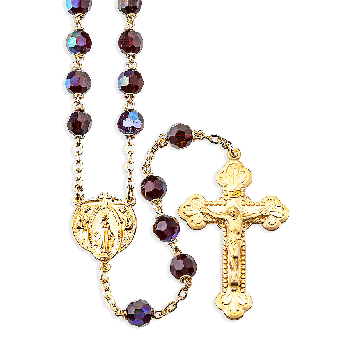 7mm Garnet Crystal Czech Beads with Gold Over Sterling Crucifix and Center