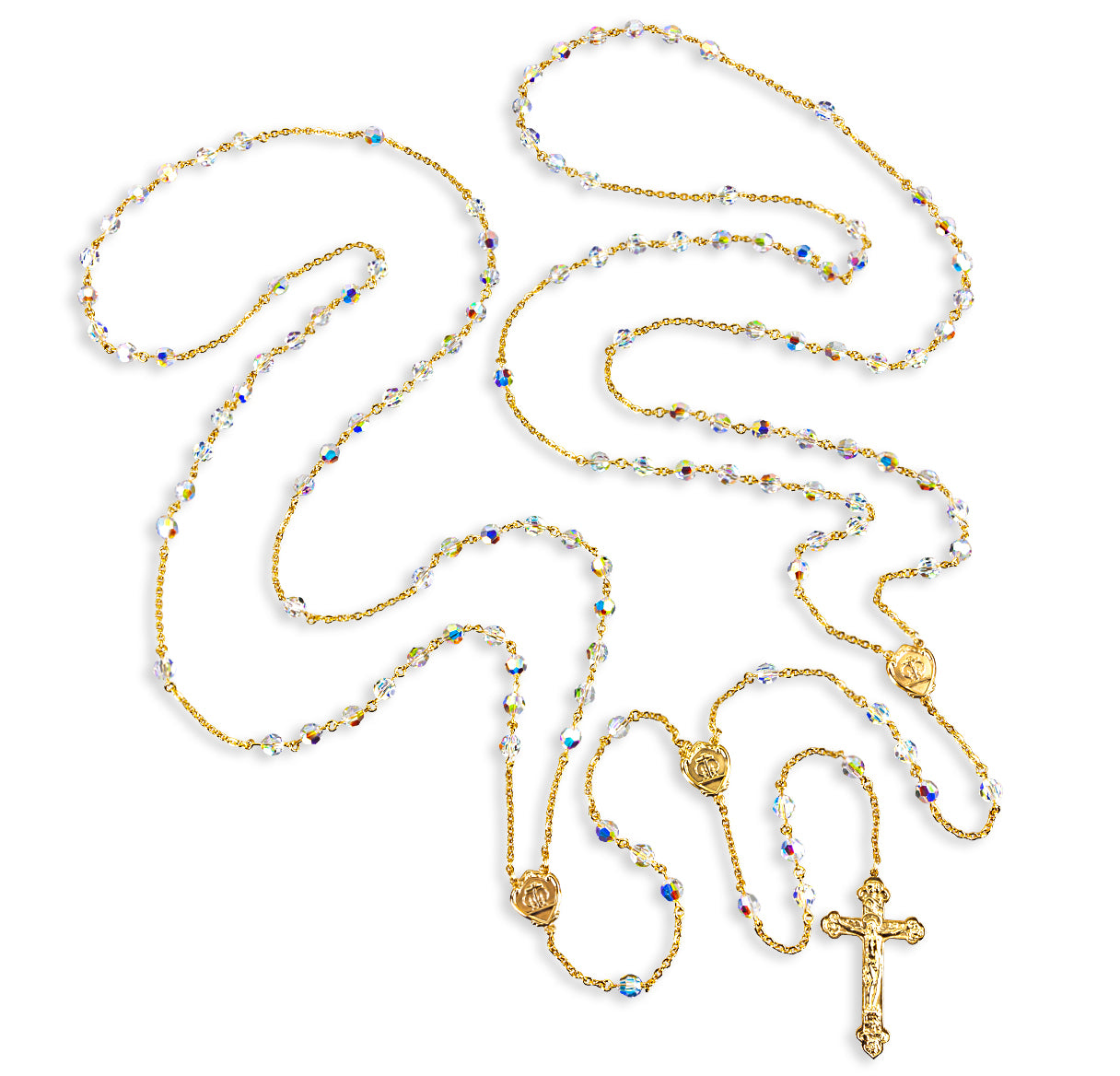 8mm Finest Aurora Crystal Beads Gold Over Sterling Silver Lasso Wedding Rosary with Gold Over Sterling Crucifix and Centers