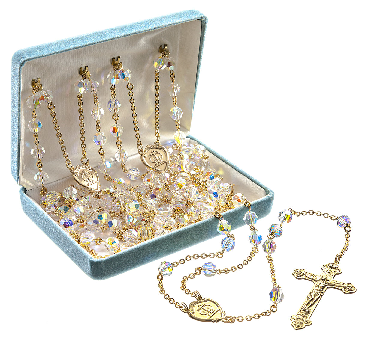 8mm Finest Aurora Crystal Beads Gold Over Sterling Silver Lasso Wedding Rosary with Gold Over Sterling Crucifix and Centers