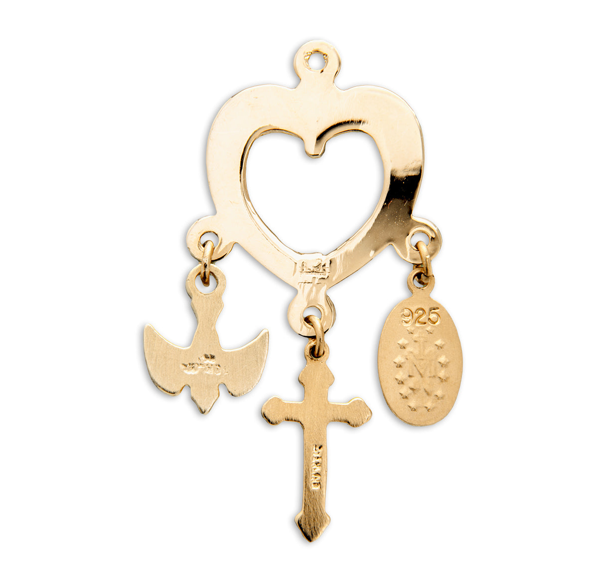 Gold Over Sterling Silver Heart with Miraculous Medal, Crucifix & Holy Spirit Charms