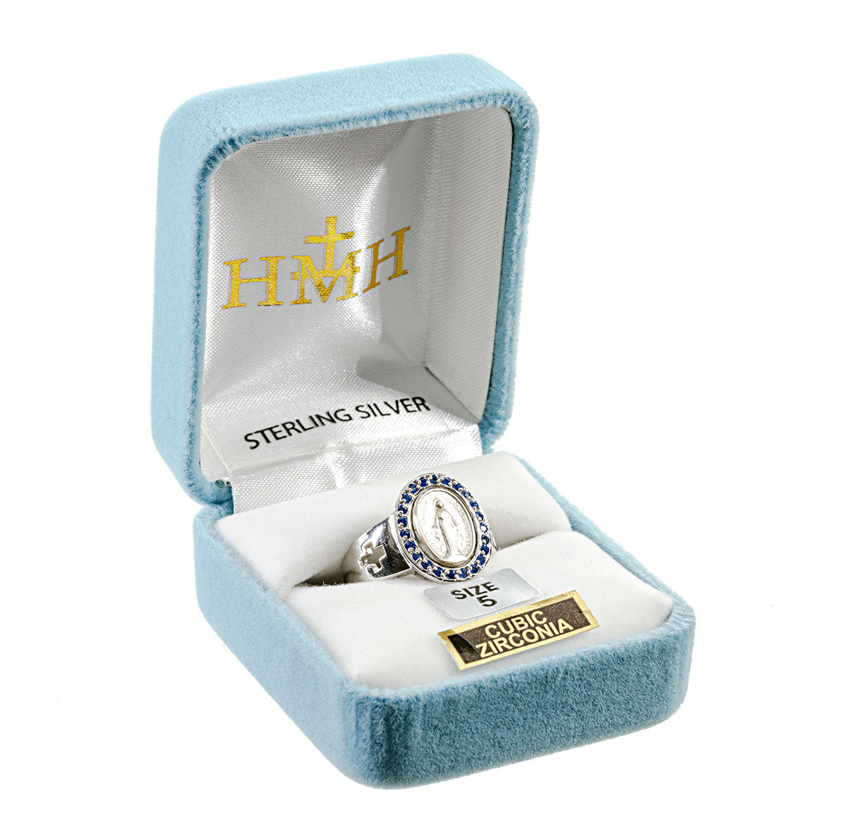 Sterling Silver Miraculous Medal Sapphire Cubic Zirconia Ring | .925 Silver