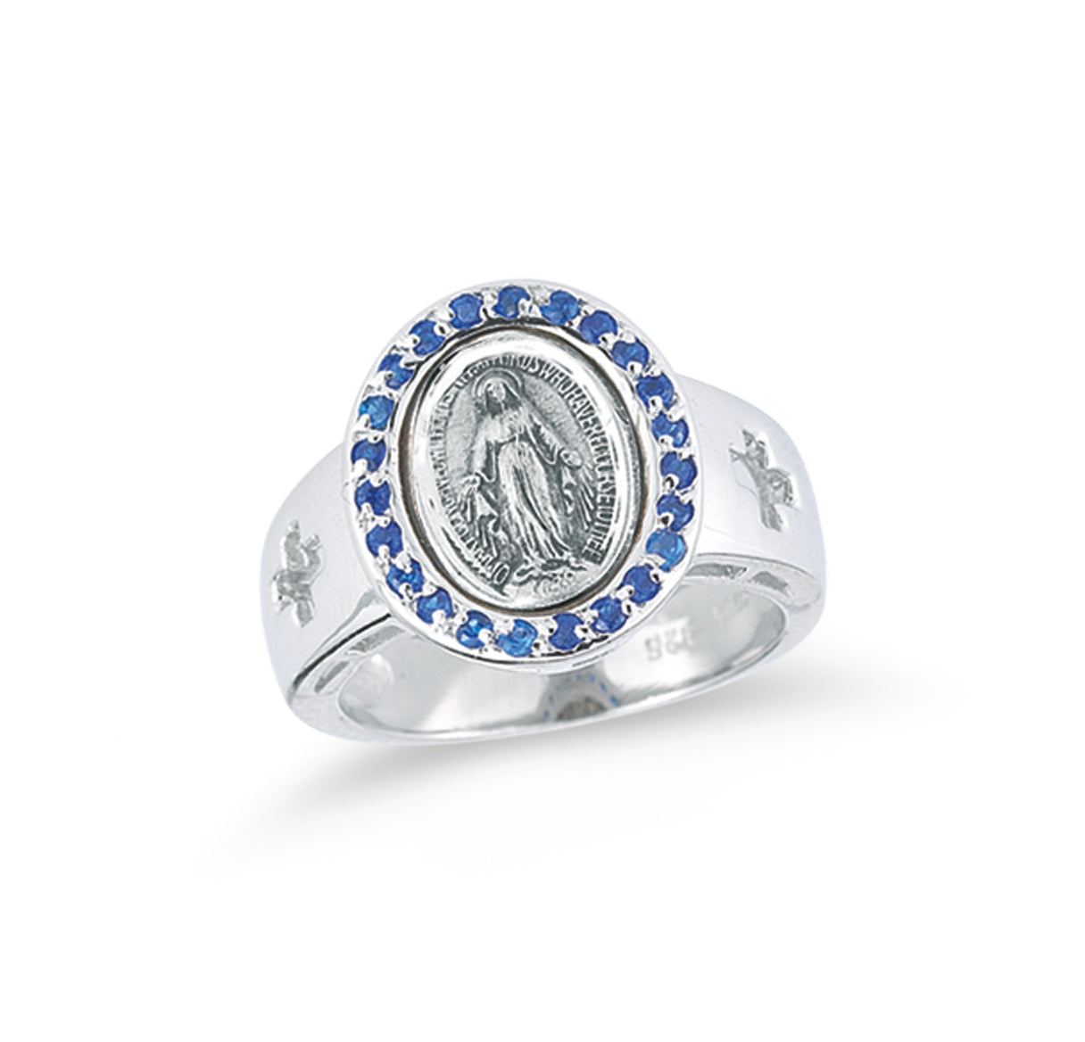 Sterling Silver Miraculous Medal Sapphire Cubic Zirconia Ring