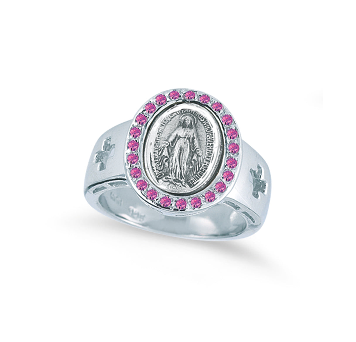 Sterling Silver Miraculous Medal Pink Cubic Zirconia