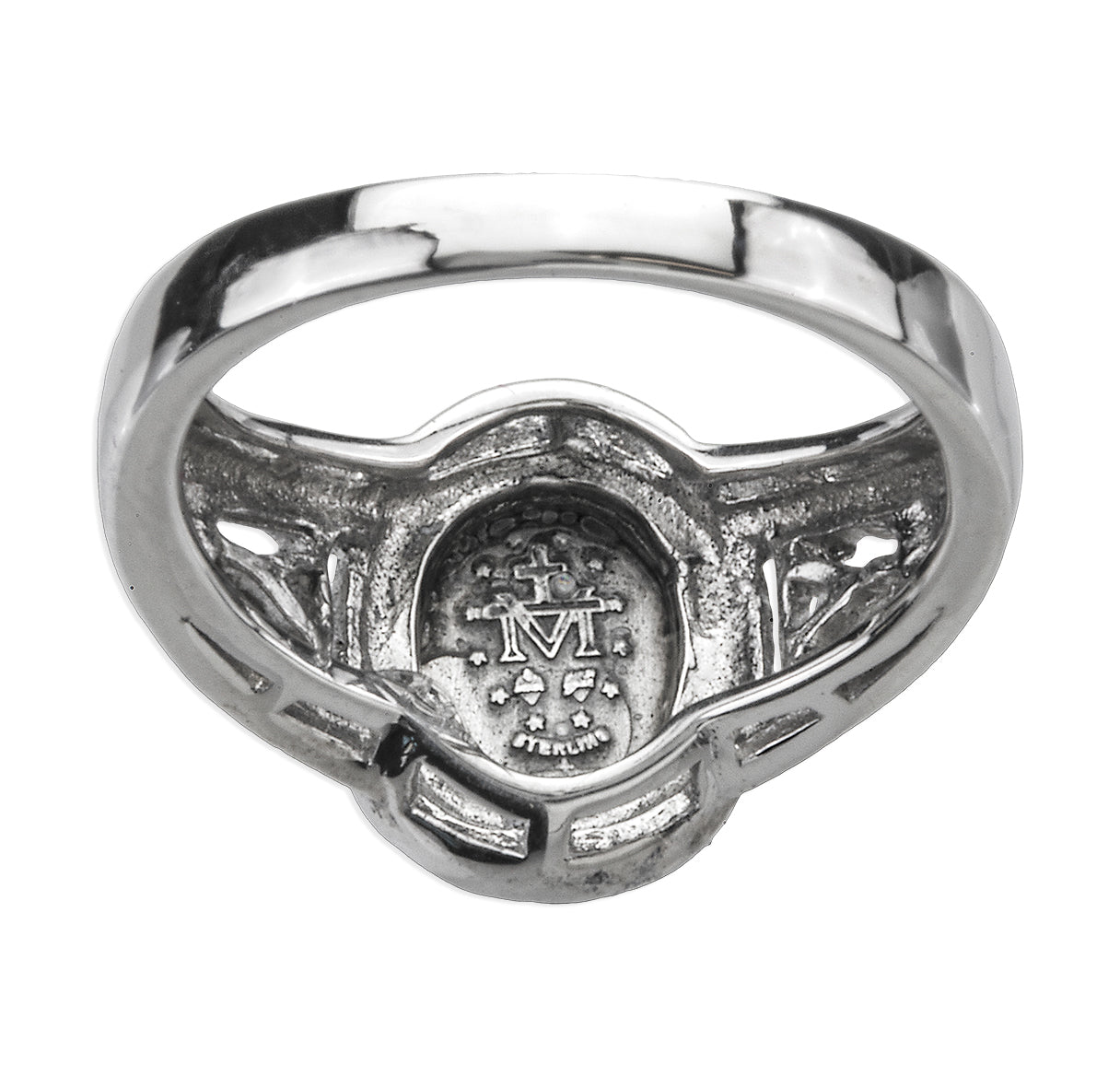 Sterling Silver Miraculous Medal Ring with Two Crystal Cubic Zirconias