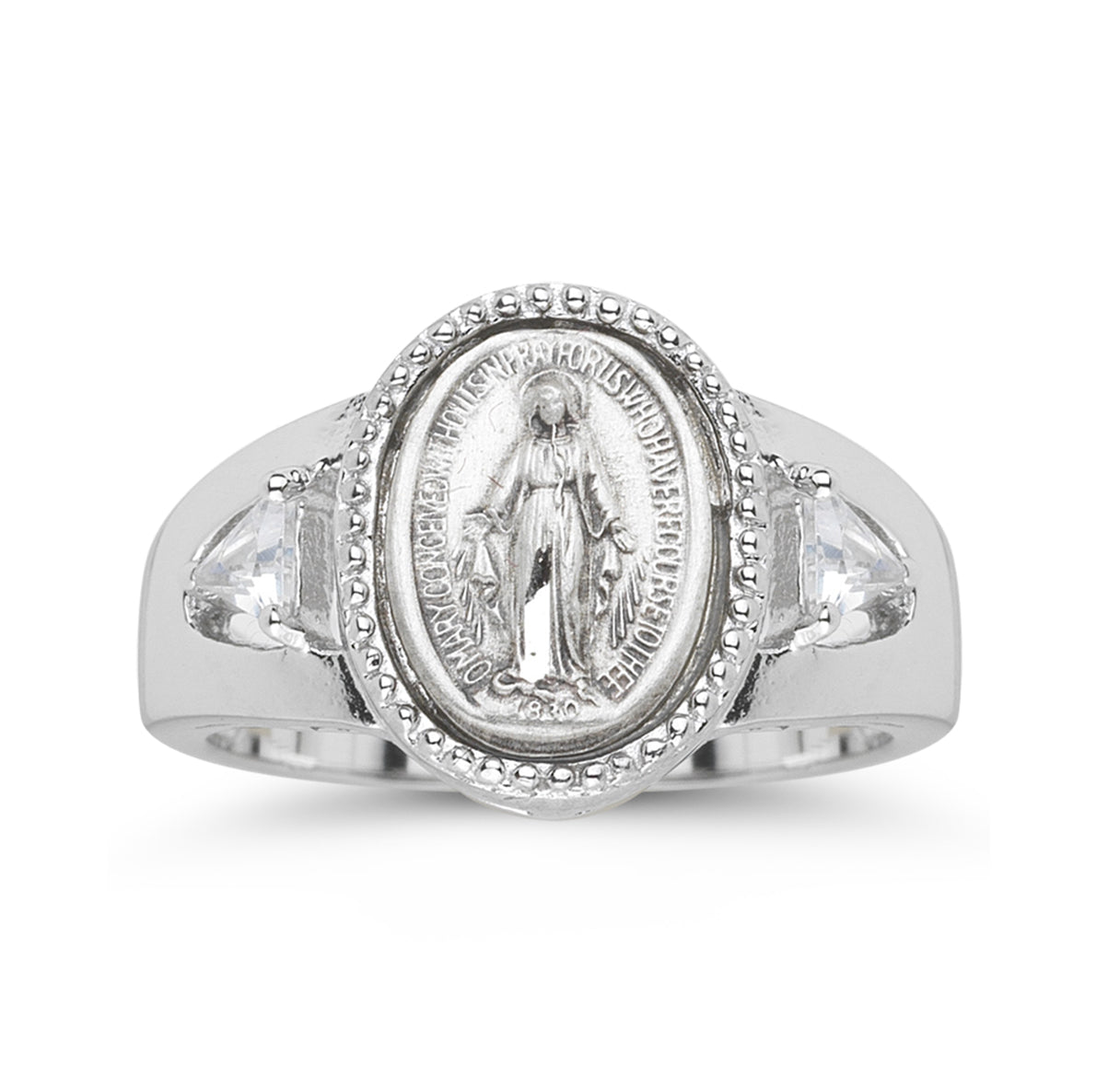 Sterling Silver Miraculous Medal Ring with Two Crystal Cubic Zirconias