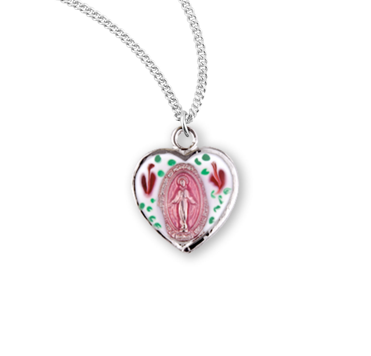 Sterling Silver Heart Shape Miraculous Medal Pendant with Chain