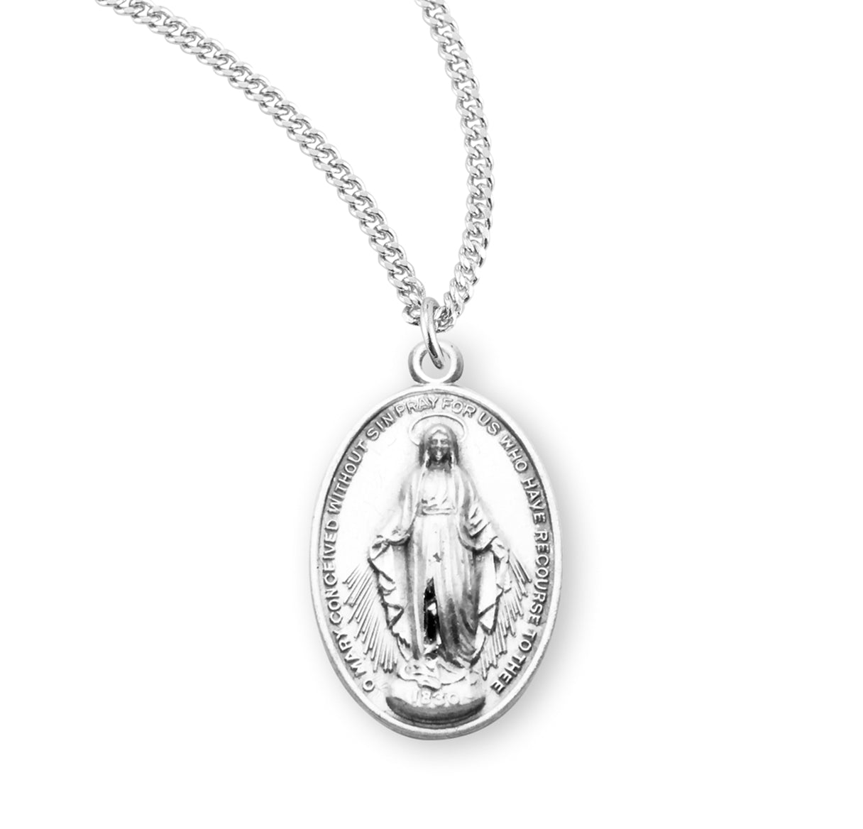 Sterling Silver Oval Miraculous Medal Pendant with Chain