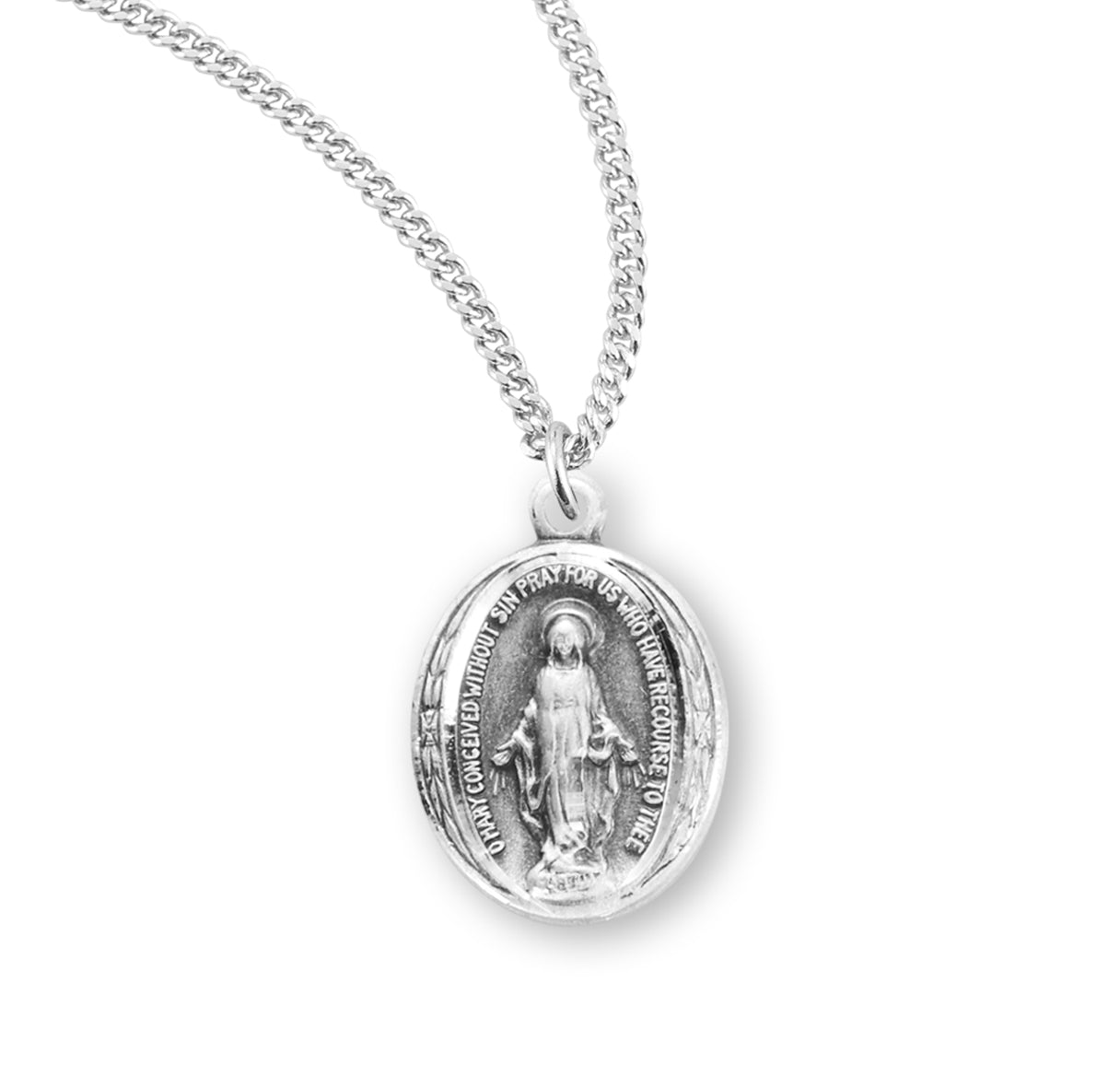 Sterling Silver Oval Miraculous Medal Pendant with Chain