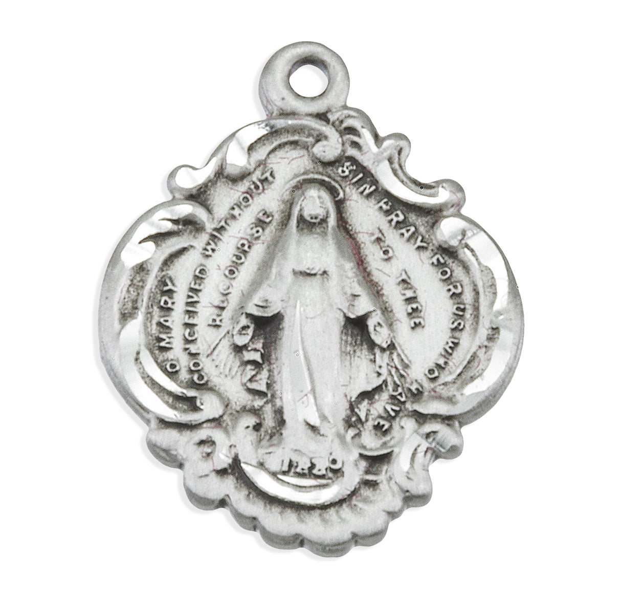Sterling Silver Fancy Baroque Style Miraculous Medal Pendant with Chain