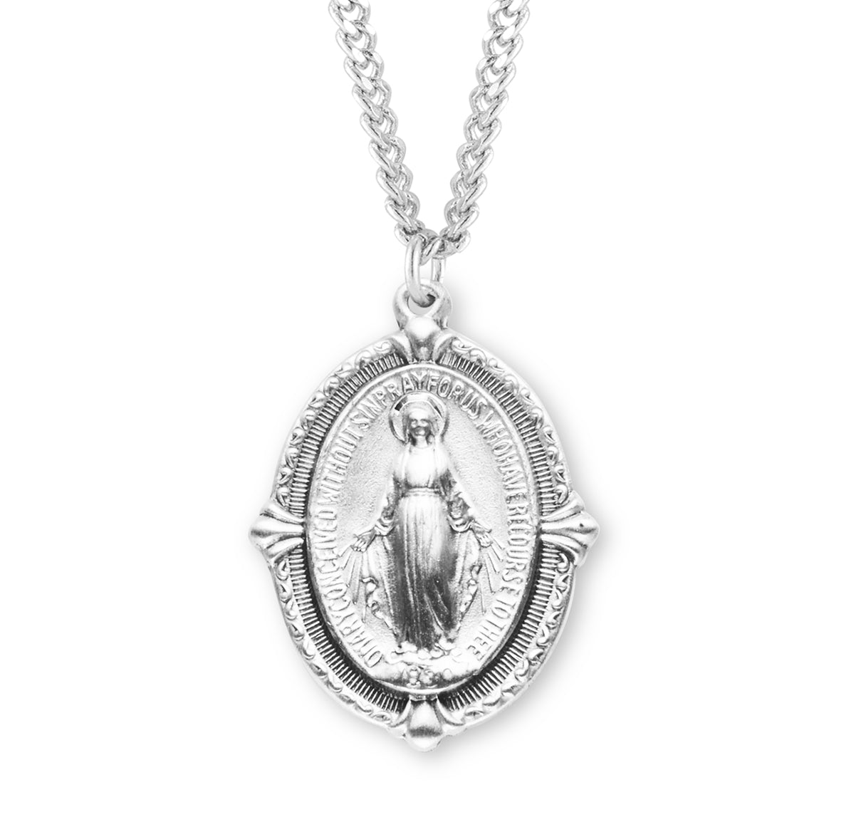 Sterling Silver Oval Miraculous Medal Pendant with Chain