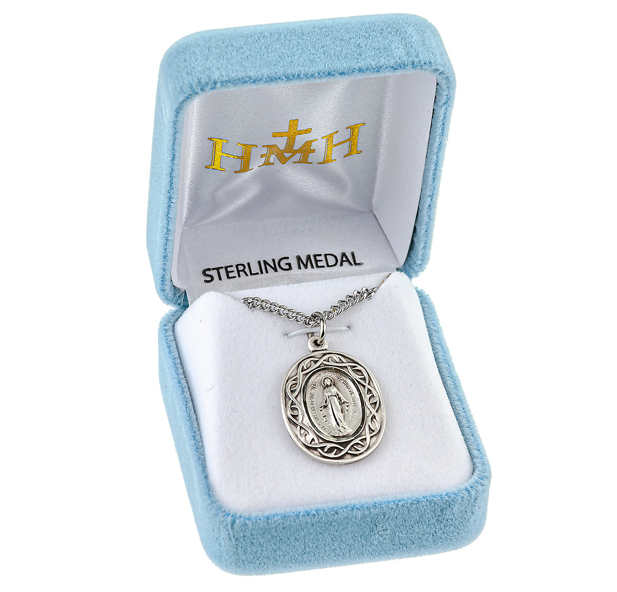 Miraculous Medal Pendant with Chain Oval Sterling Silver "Crown of Thorns" Medal Pendant with Chain