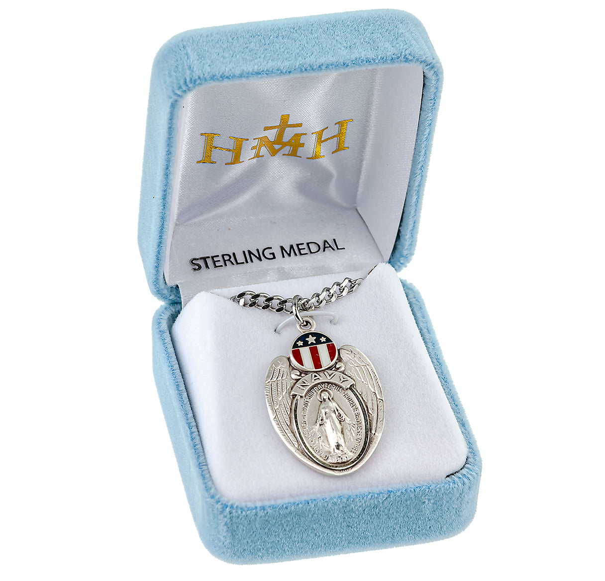 Navy Sterling Silver Enameled Miraculous Medal Pendant with Chain