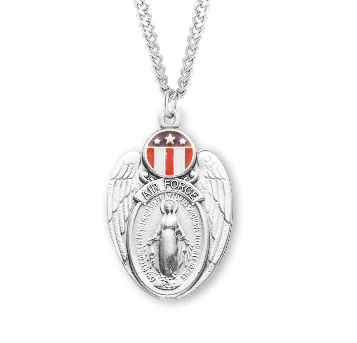 Air Force Sterling Silver Enameled Miraculous Medal Pendant with Chain
