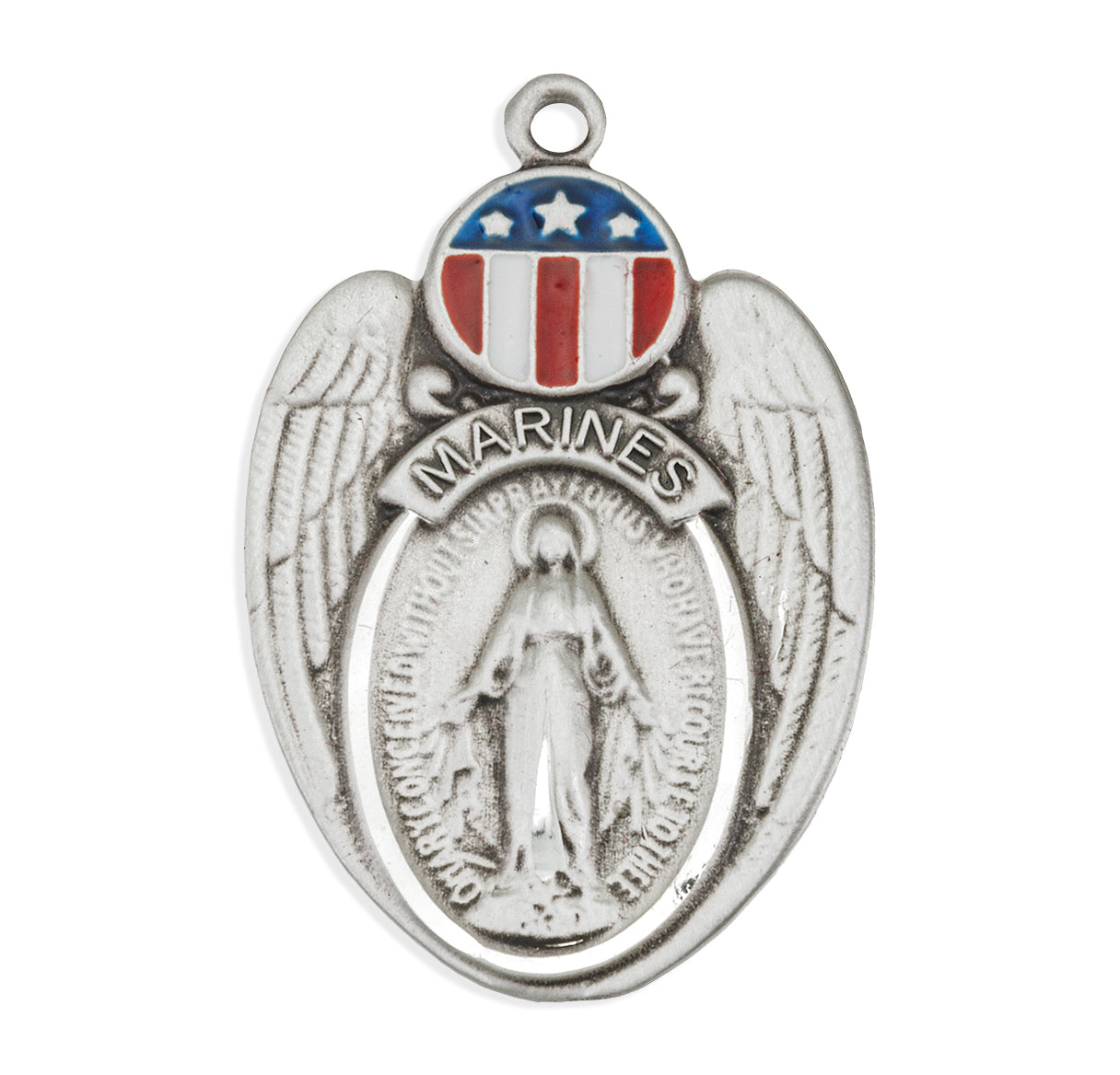 Marines Sterling Silver Enameled Miraculous Medal Pendant with Chain