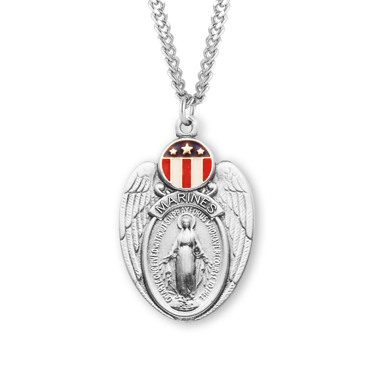 Marines Sterling Silver Enameled Miraculous Medal Pendant with Chain