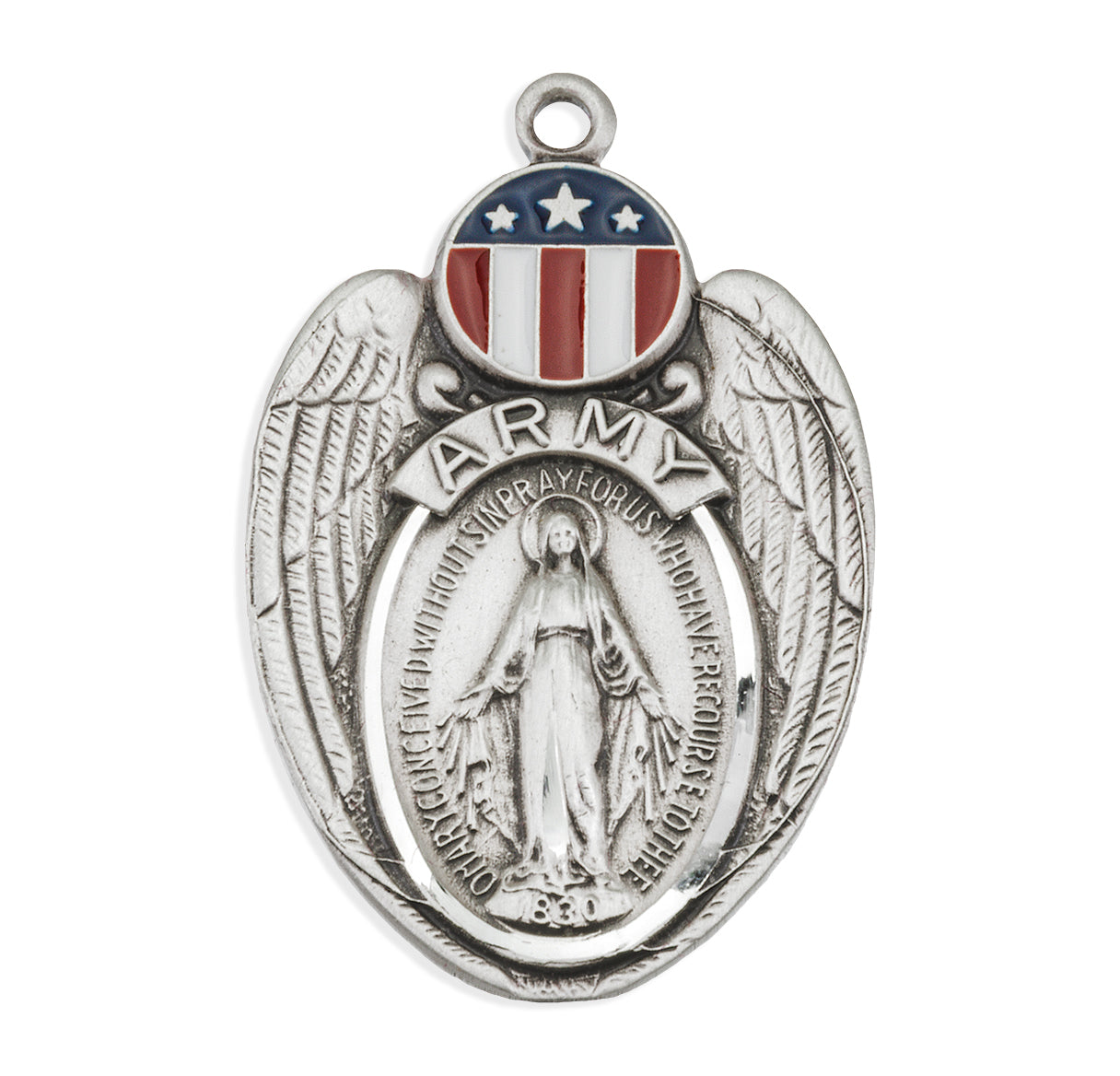 Army Sterling Silver Enameled Miraculous Medal Pendant with Chain