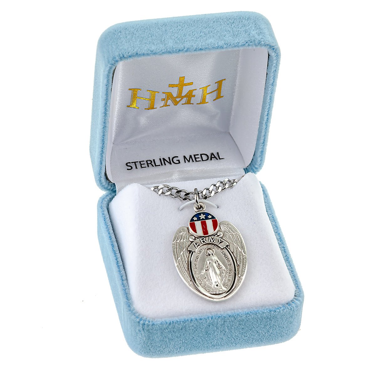 Army Sterling Silver Enameled Miraculous Medal Pendant with Chain