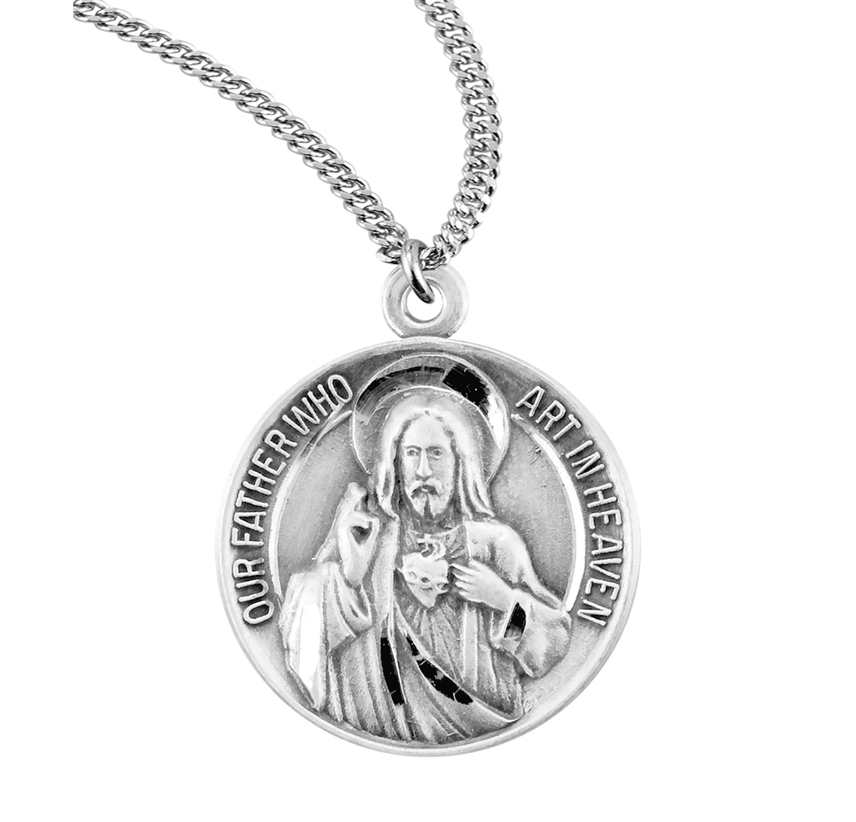 Our Father/Hail Mary Round Sterling Silver Medal Pendant with Chain