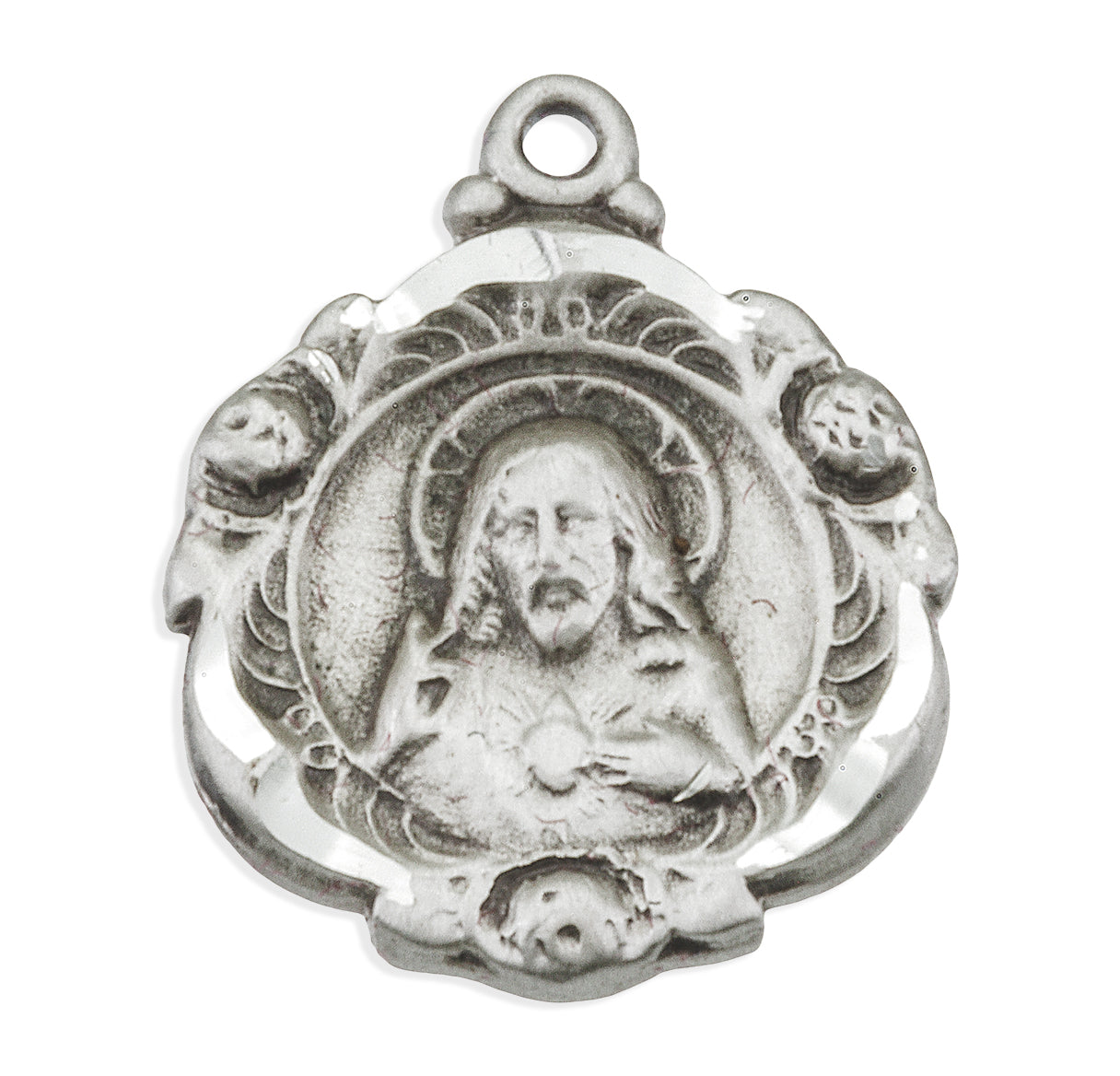 Sacred Heart of Jesus Sterling Silver Scapular Double Sided Medal Pendant with Chain