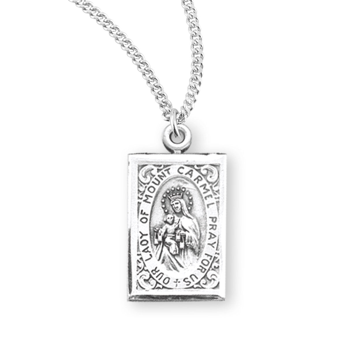 Our Lady of Mount Carmel Sterling Silver Scapular Double Sided Medal Pendant with Chain