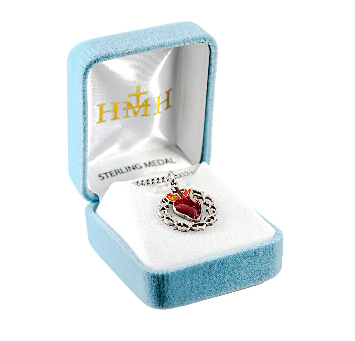 Sterling Silver Red Enameled Heart "Crown of Thorns" Medal Pendant with Chain