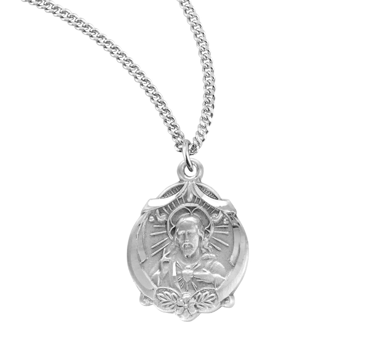 Sterling Silver Scapular Sacred Heart of Jesus Double Sided Medal Pendant with Chain