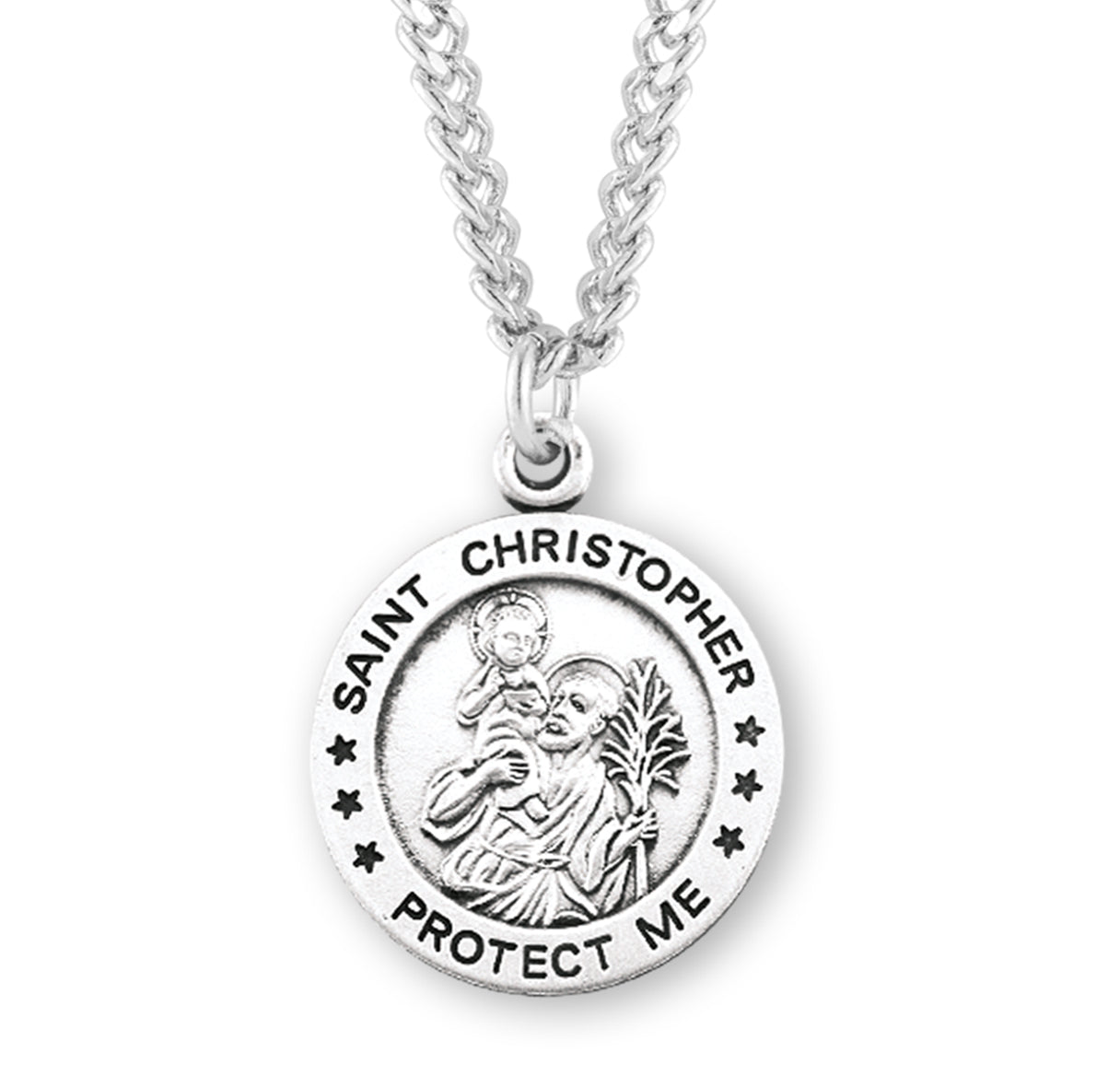 Saint Christopher Protect Us Round Sterling Silver Medal Pendant with Chain