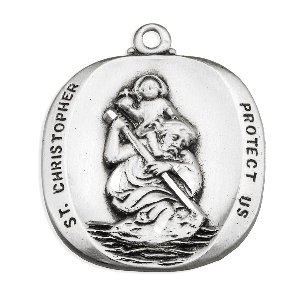 Saint Christopher Protect Us Rounded Edge Sterling Silver Medal Pendant with Chain