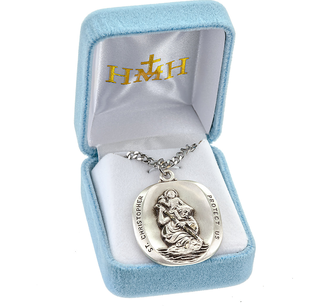 Saint Christopher Protect Us Rounded Edge Sterling Silver Medal Pendant with Chain