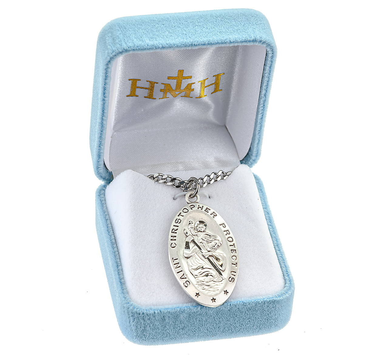 Saint Christopher Protect Us Oval Saint Christopher Protect Us Sterling Silver Medal Pendant with Chain