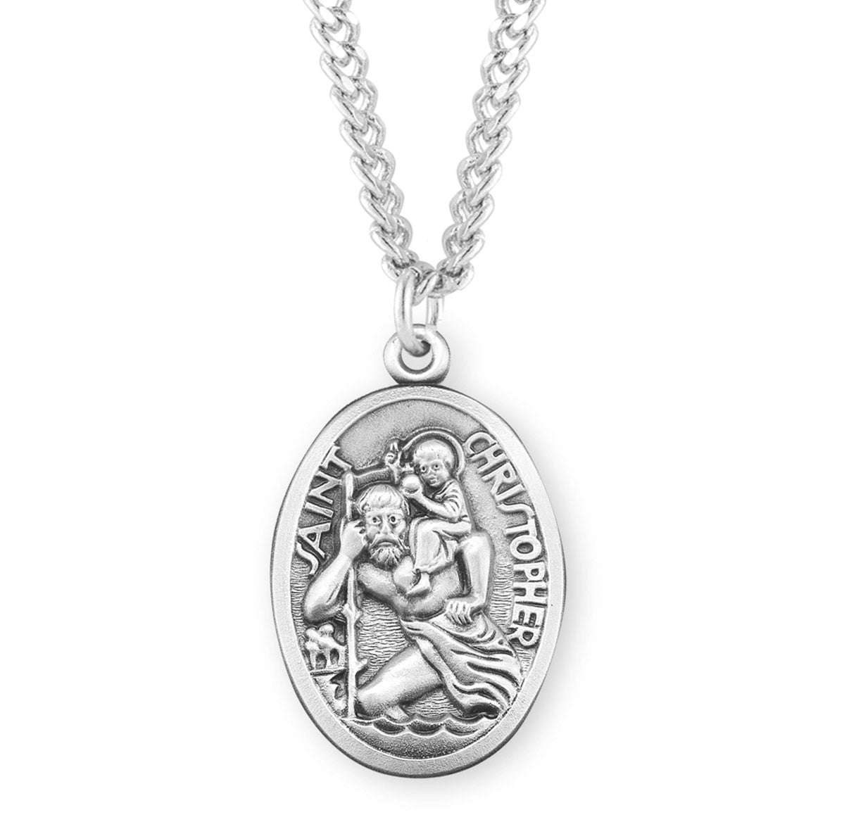 Saint Christopher Protect Us Oval Sterling Silver Medal Pendant with Chain