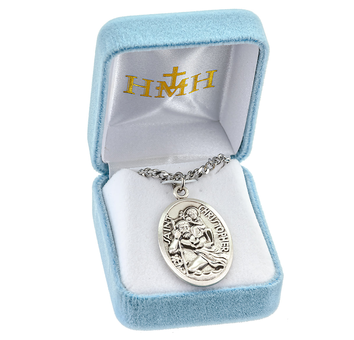 Saint Christopher Protect Us Oval Sterling Silver Medal Pendant with Chain