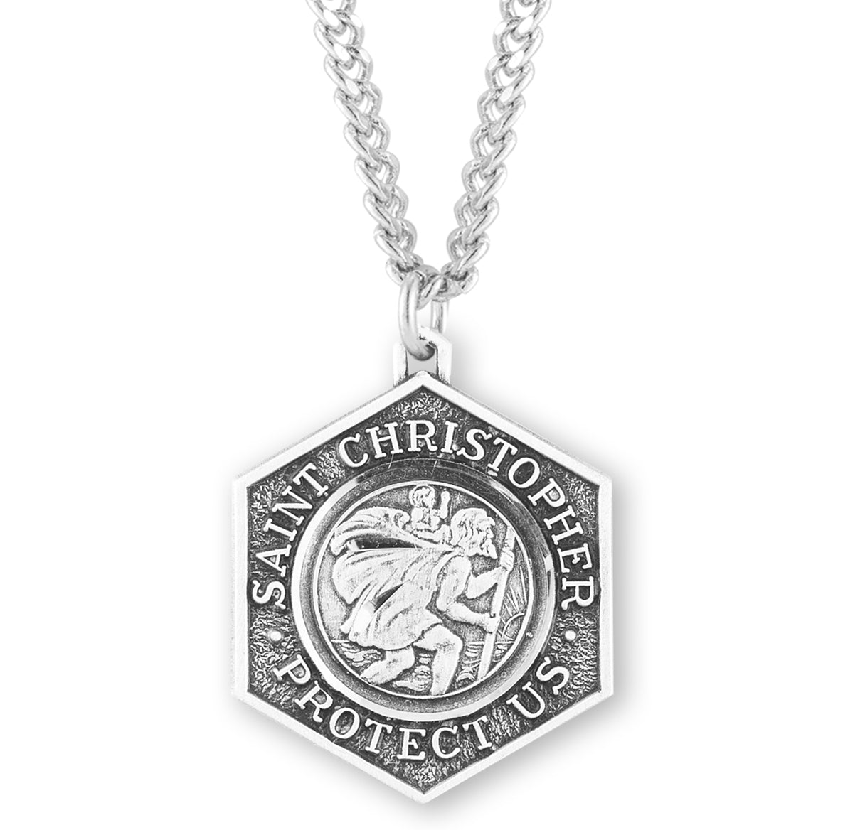 Saint Christopher Protect Us Protect Us Sterling Silver Medal Pendant with Chain