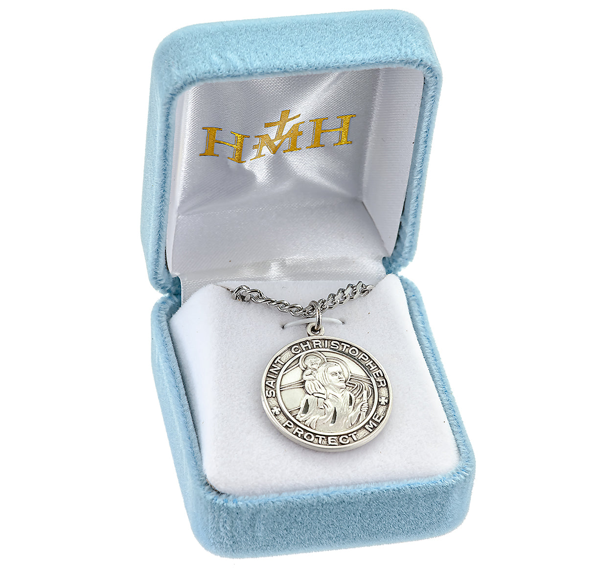 Saint Christopher Protect Us Round Sterling Silver Medal Pendant with Chain