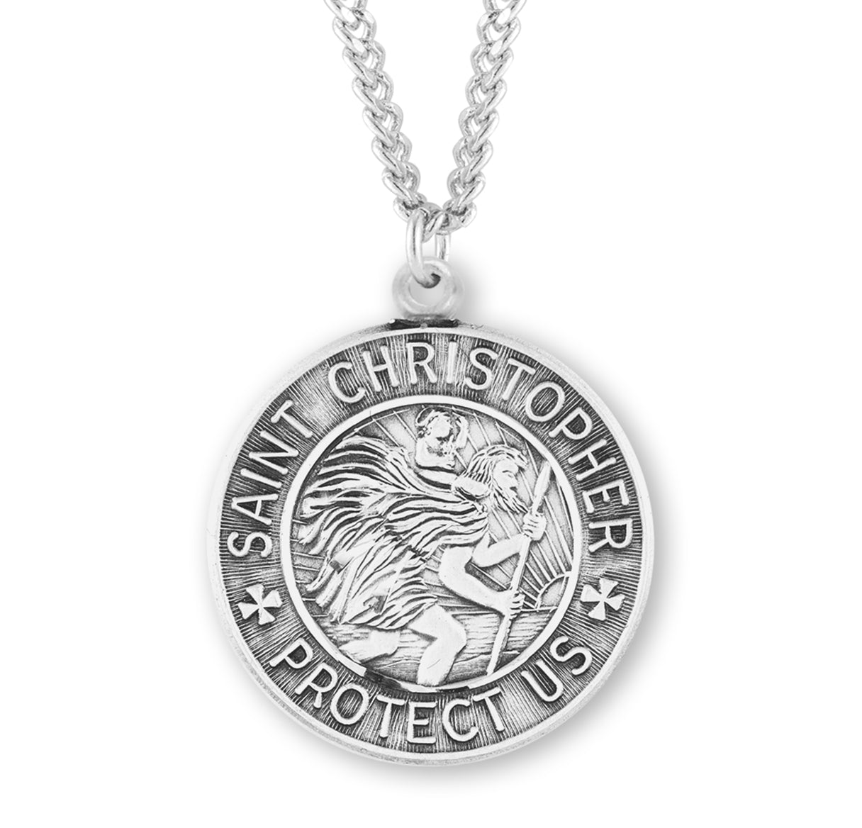 Saint Christopher Protect Us Round Sterling Silver Medal Pendant with Chain