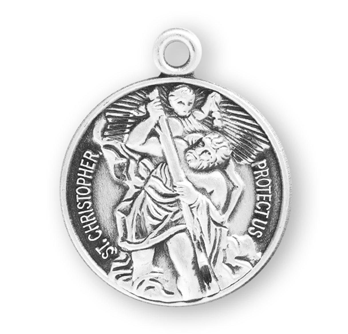 Saint Christopher Protect Us Round Sterling Silver Medal Pendant with Chain