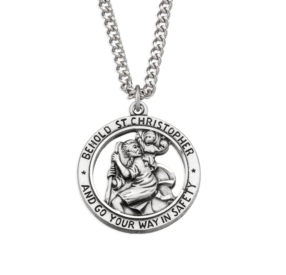 Saint Christopher Protect Us Round Sterling Silver Medal Pendant with Chain